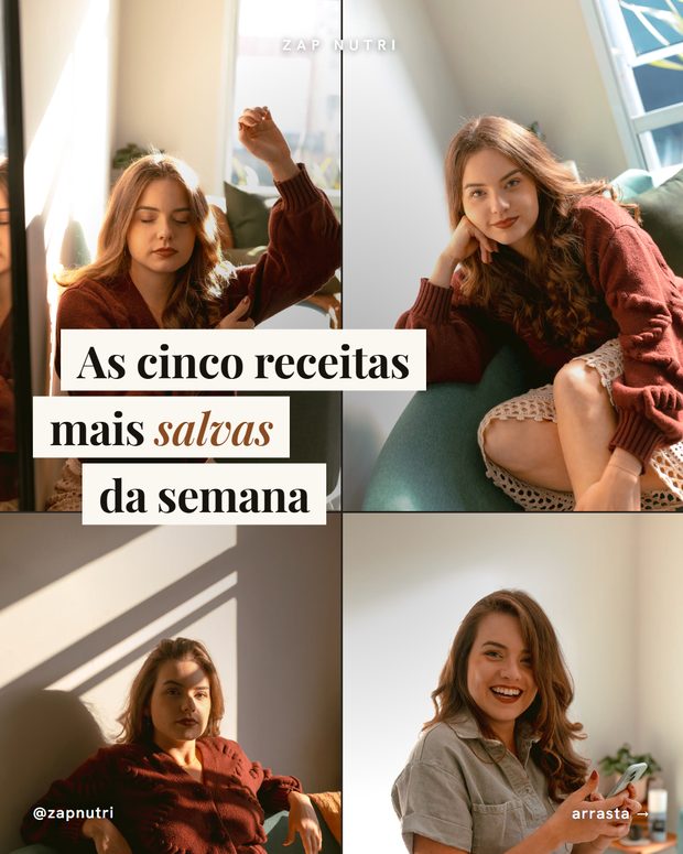 Carrossel em mosaico com quatro fotos e faixas de texto