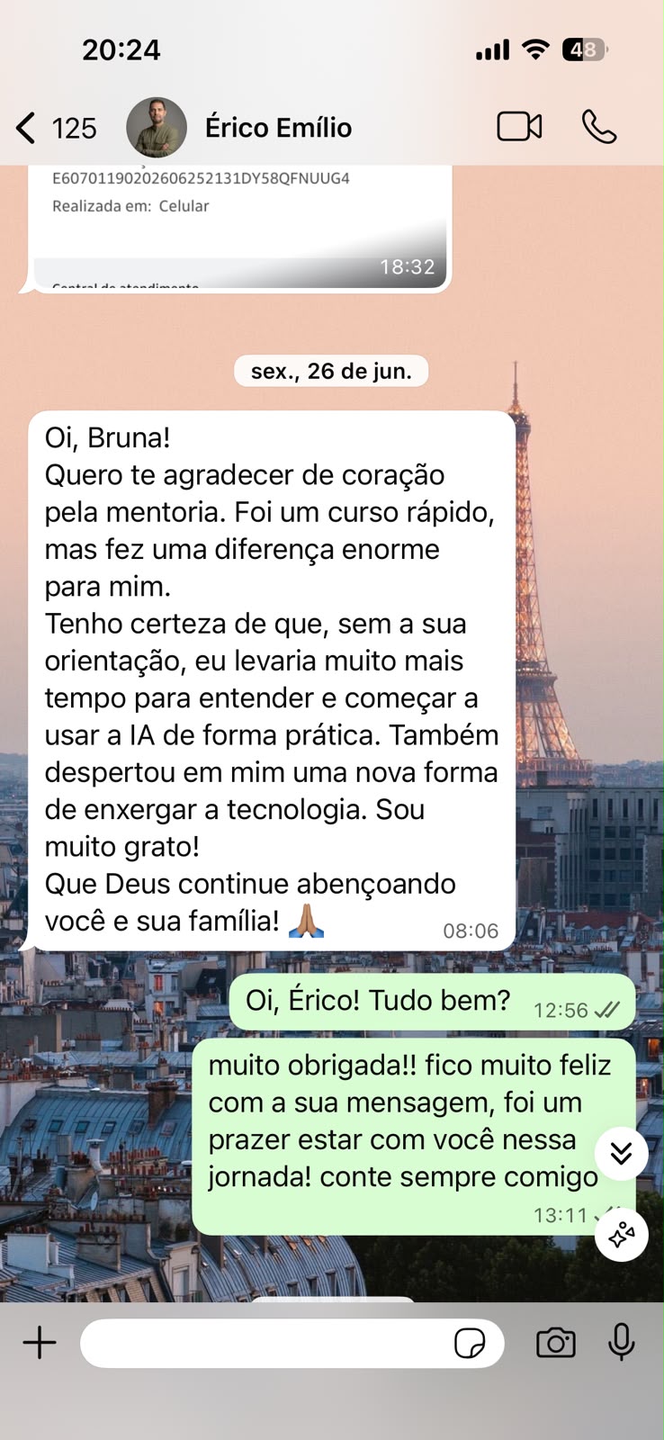 Mensagem de WhatsApp do Érico Emílio agradecendo a mentoria com a Bruna
