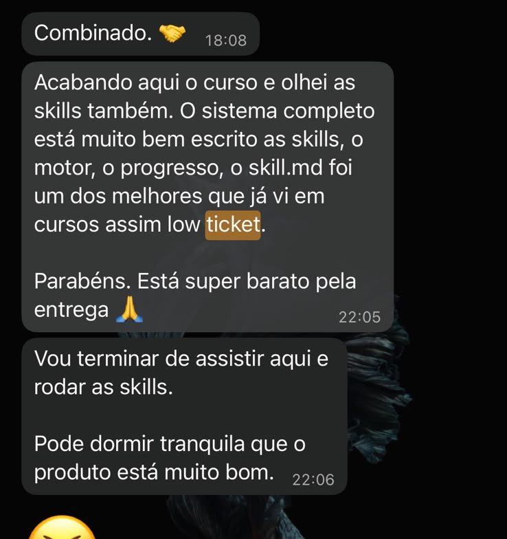 Mensagem elogiando o sistema completo e dizendo que está barato pela entrega