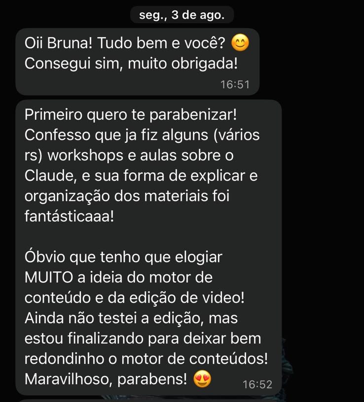 Mensagem de aluna que já fez vários workshops sobre Claude elogiando a organização do material